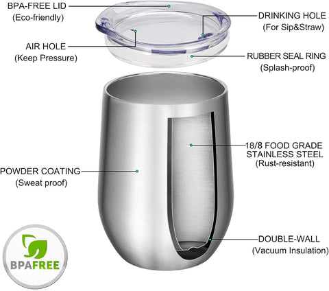 12Oz Stainless Steel Wine Tumbler with Lid and Straw