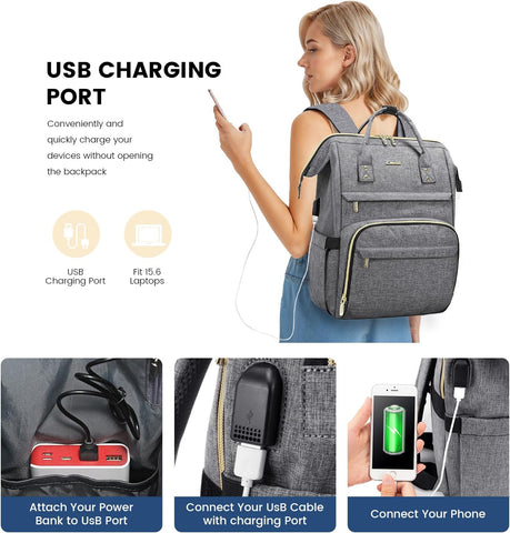 15.6 inch Laptop Backpack with USB charging port for women