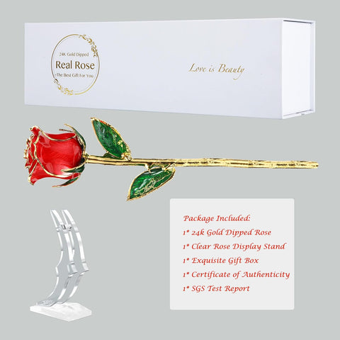 Red - Gold Dipped Real Rose with Stand