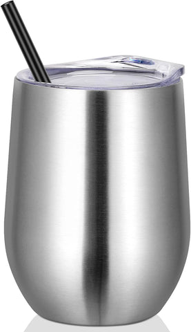 12Oz Stainless Steel Wine Tumbler with Lid and Straw