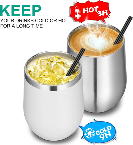 12Oz Stainless Steel Wine Tumbler with Lid and Straw